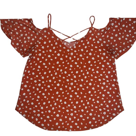 Kaileigh Blouse Womens XL Orange Polka Dot Cold Shoulder Flowy Fairy Boho Top - Picture 7 of 11